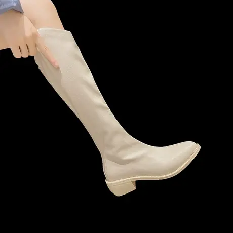 高筒靴女2022年新款夏季春秋单靴粗跟尖头白色长靴瘦瘦靴长筒靴子图片