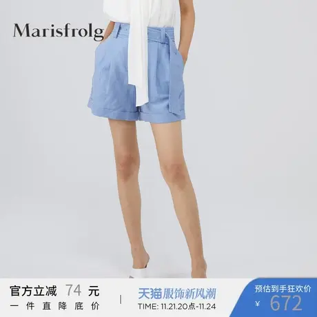 【亚麻系列】玛丝菲尔亚麻夏季新款蓝色阔腿短裤薄款休闲裤女商品大图