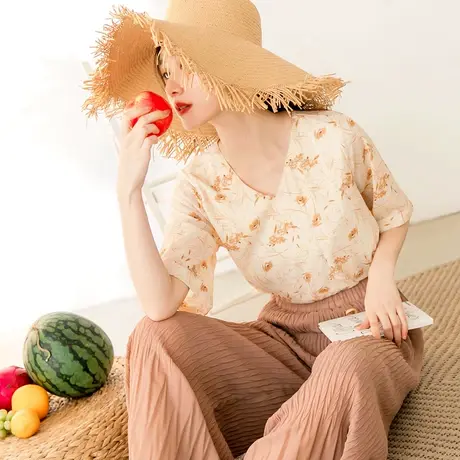 桔熊夏季温柔风凉爽宽松雪纺衫碎花V领短袖上衣少女大码AB15783图片