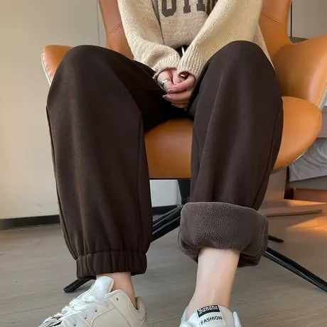 咖啡色加绒运动裤女冬季新款高腰宽松显瘦小个子阔腿休闲束脚卫裤图片