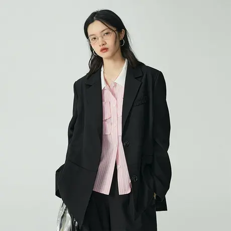 omont蛋挞家 黑色西装外套女春季年新款复古垫肩宽松外套上衣商品大图