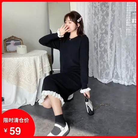 秋冬新款大码直筒毛织中长款过膝显瘦胖MM毛衣连衣裙黑色打底裙商品大图
