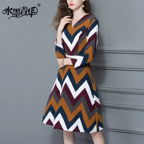 水墨青华秋装新品通勤女装气质优雅V领大摆修身印花连衣裙商品大图