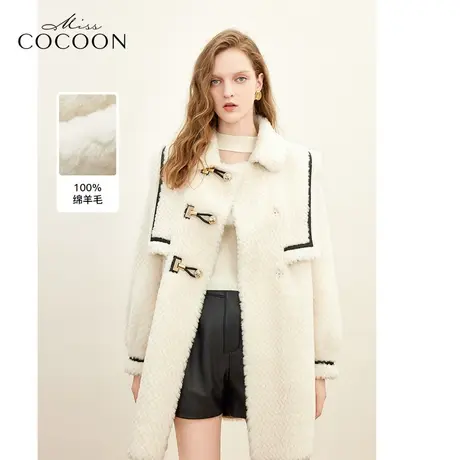 MISSCOCOON非正式学院风2023冬季新女撞色肌理感绵羊毛海军领皮草商品大图