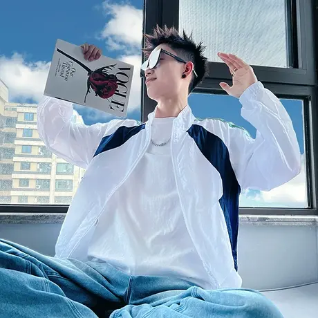 2023新款男士夏季薄款透气长袖防晒衣潮流休闲户外撞色拼接防晒服商品大图