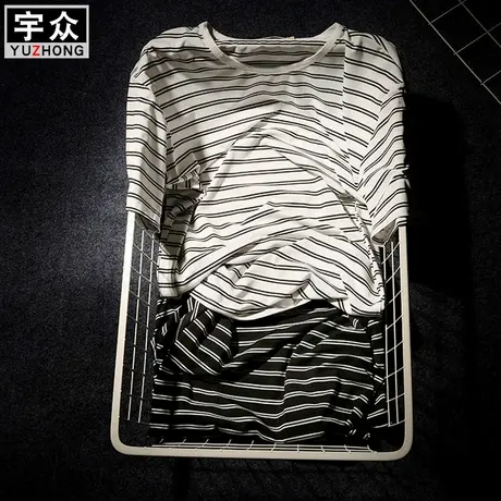 新款夏装男士短袖t恤青少年半袖圆领条纹印花体恤上衣服潮流男装商品大图