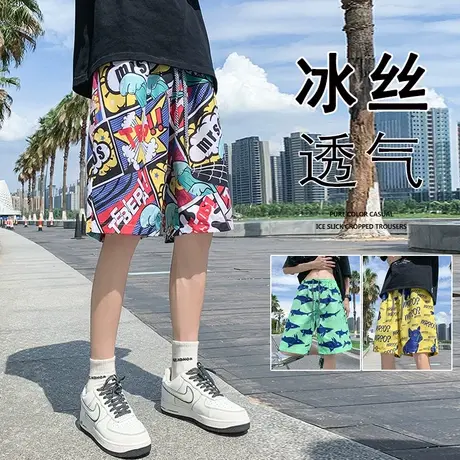 ins潮流沙滩裤男夏季宽松印花休闲短裤2025新款冰丝速干五分裤子商品大图