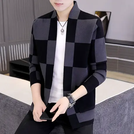毛衣男棋盘格子开衫外套春秋季潮牌休闲薄款上衣男装宽松针织线衫商品大图