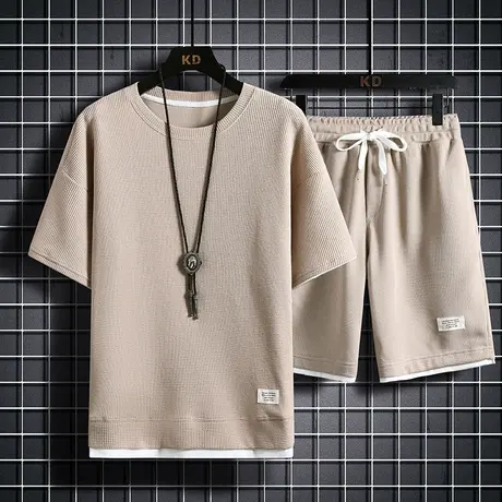 重磅华夫格短袖T恤男夏季宽松大码运动短裤套装工作服圆领透气潮商品大图