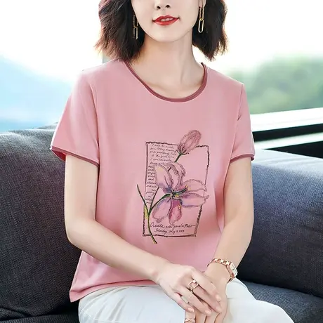 精致设计感大码体恤衫中年妈妈重工刺绣短袖t恤免烫上衣女装夏棉商品大图