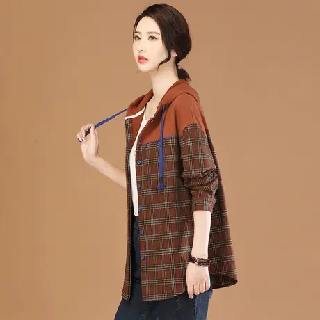 韩潮袭人中长款连帽格子开衫卫衣外套女2024春季新款拼接长袖衬衫图片