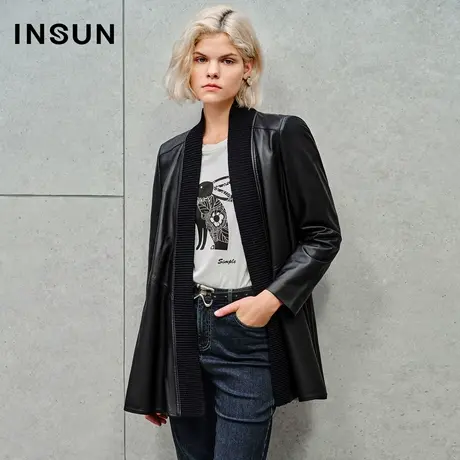 INSUN恩裳线上专选秋季针织拼接绵羊皮皮衣外套图片