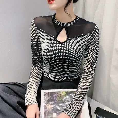 性感镂空长袖T恤女士秋装欧货网纱拼接打底衫内搭时尚印花上衣潮商品大图