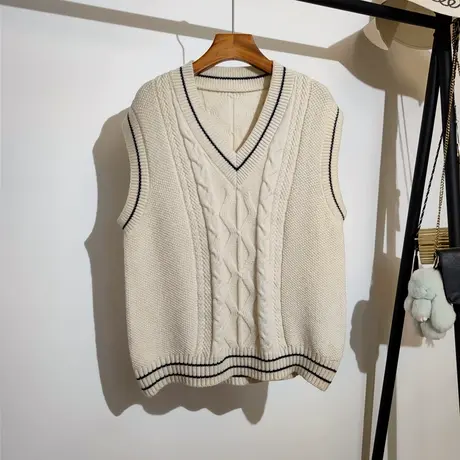 学院风针织马甲女秋冬新款宽松v领叠穿套头无袖坎肩毛衣背心外穿商品大图