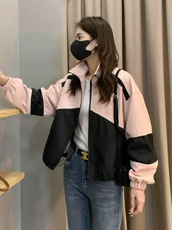 欧洲站2023春秋新款欧货街头撞色立领风衣女短款潮牌韩版夹克外套商品大图