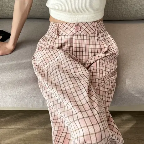 冰丝阔腿裤女春夏薄款高腰垂感格子休闲窄版直筒拖地直筒西装裤子商品大图