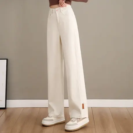 高腰阔腿牛仔裤女2023新款春季米白色裤子宽松休闲长裤拖地直筒裤商品大图