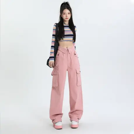粉色休闲工装裤女秋季2023年新款设计感抽绳口袋翻边百搭阔腿裤子图片