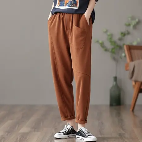 dza 高腰显瘦华夫格休闲裤子女士春季纯棉复古运动女裤宽松阔腿裤图片
