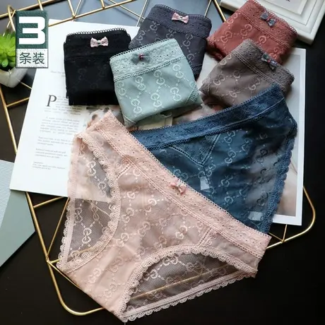 日系字母网纱甜美性感内裤少女情调镂空蕾丝中低腰蝴蝶结三角裤夏图片