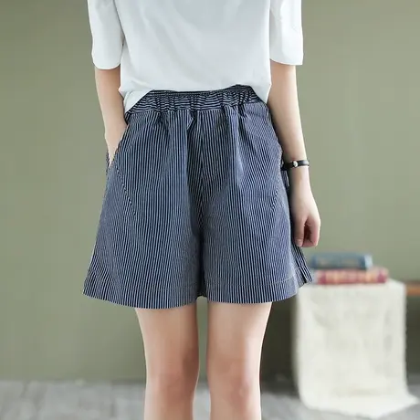 枫谜2021年夏季新款文艺复古条纹牛仔短裤女宽松高腰牛仔阔腿裤商品大图