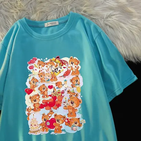 夏季2024新款小清新可爱小熊印花宽松减龄大版白色短袖T恤上衣女图片