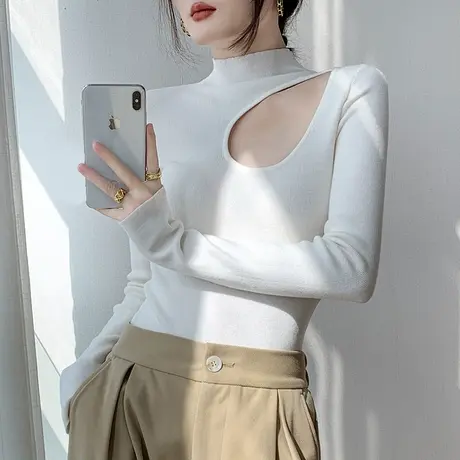 手套袖羊毛针织衫女2023秋冬新品镂空设计感洋气内搭半高领打底衫图片