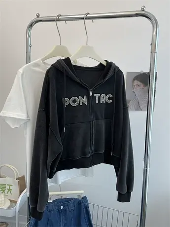 美式复古做旧连帽拉链卫衣女春秋薄款字母刺绣宽松短款开衫外套潮图片