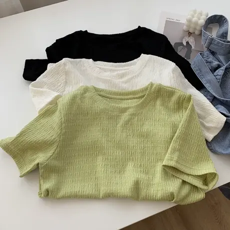 超火cec圆领肌理感短袖T恤女2025夏季新款宽松显瘦半袖上衣闺蜜装商品大图