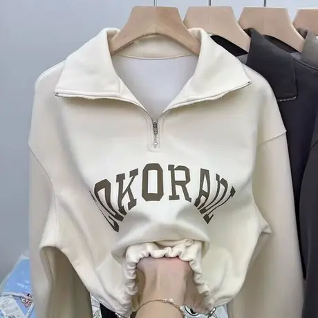 ins超火抽绳下摆POLO领卫衣女早秋薄款宽松小个子短款半拉链上衣图片