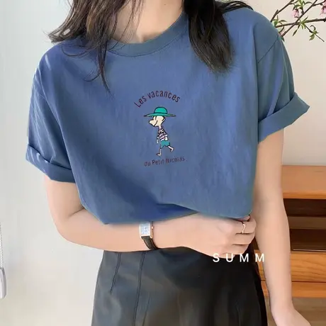 胖mm蓝色2021圆领短袖t恤女ins潮纯棉学院风卡通宽松体恤夏季上衣商品大图