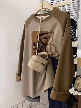 chic复古长袖t恤女秋季大码纯棉显瘦打底衫ins港味百搭插肩袖上衣商品大图