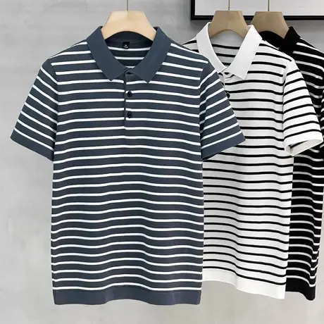 polo衫男短袖t恤男士夏季商务休闲针织衫时尚条纹冰丝透气半袖T恤商品大图