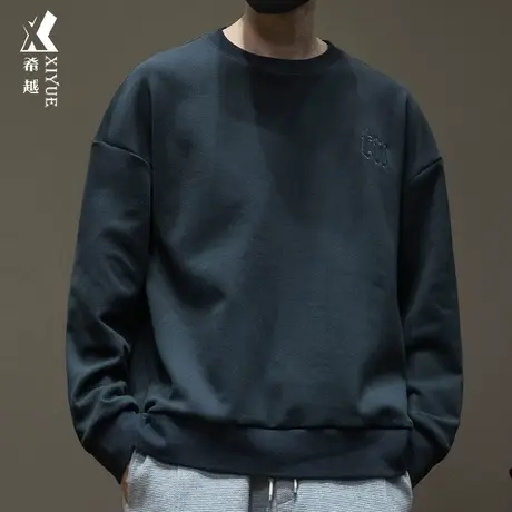 希越美式黑色重磅套头圆领卫衣男长袖打底秋冬季宽松大码长袖T恤商品大图