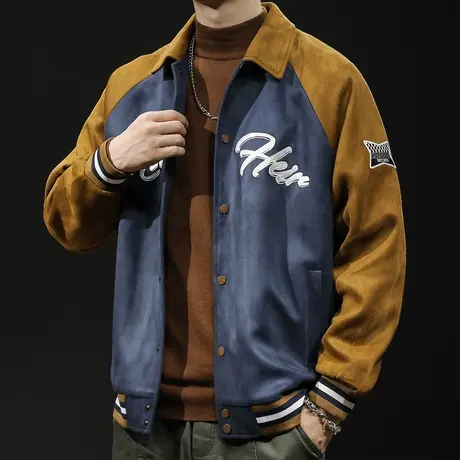 重磅麂皮绒休闲夹克外套男加绒加厚秋冬款美式棒球服翻领2023新款图片
