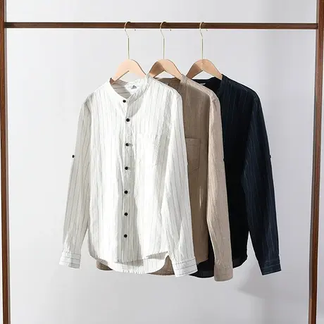 秋季新款休闲条纹棉麻长袖青年男士亚麻衬衫男士棉麻中式立领衬衣商品大图