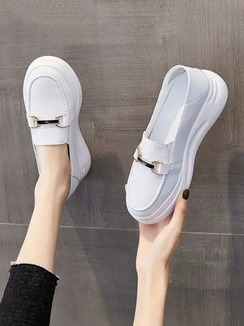 两穿小白鞋女2023新款百搭厚底休闲皮鞋孕妇春秋单鞋一脚蹬护士鞋商品大图