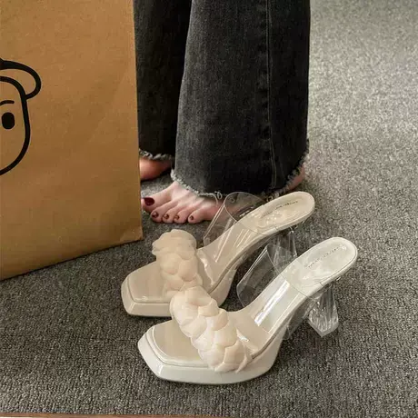 透明高跟鞋法式凉鞋女夏季2024新款时尚仙女风粗跟水晶外穿凉拖鞋图片