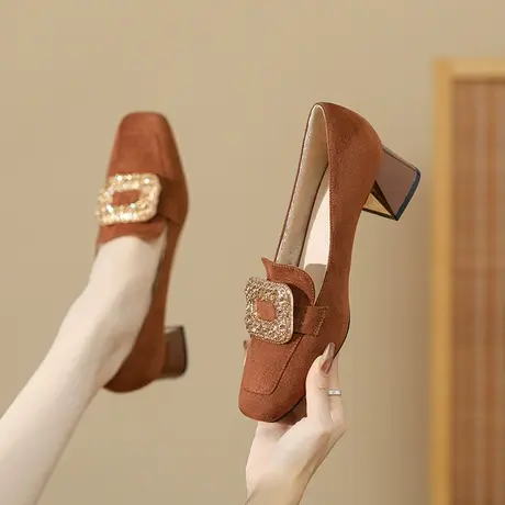 高跟鞋女2024新款秋冬季绒面方头水钻方扣气质百搭粗跟单鞋不累脚图片