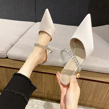 包头半拖鞋女2024年新款夏季凉拖女外穿一脚蹬软皮细跟尖头穆勒鞋图片