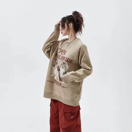 YEP潮牌复古圆领卫衣女春秋2024新款宽松oversize套头无帽上衣商品大图