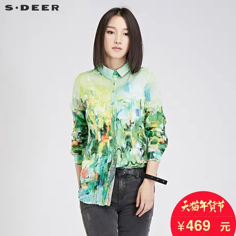 sdeer圣迪奥女装2018春装鲜艳印象主义印花亚麻长袖衬衫S16480516图片