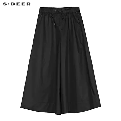 sdeer圣迪奥女装时尚休闲松紧收腰抽绳纯黑阔腿裙裤S19180801商品大图