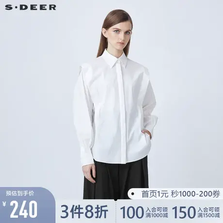 sdeer圣迪奥2021春复古休闲翻领拼接不规则白色衬衫S21460517图片