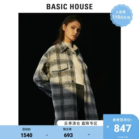 Basic House/百家好秋冬商场同款毛呢大衣格子衬衫式外套HVCA728D商品大图