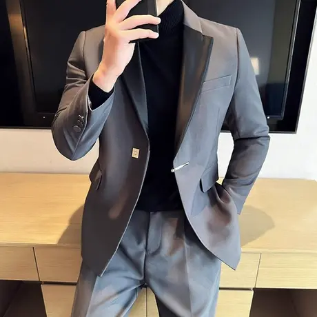 美式塔式多亮面拼接戗驳领礼服男套装金属别扣设计感西服秋冬外套商品大图