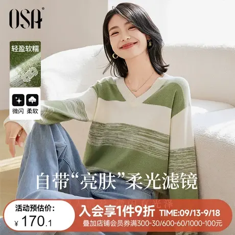 【香草云衫】欧莎草甸绿条纹上衣V领针织衫毛衣女秋冬季2023新款商品大图