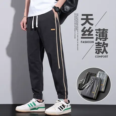 束脚休闲裤男士宽松紧腰工装冰丝男裤子男款夏季薄款条纹九分男生商品大图
