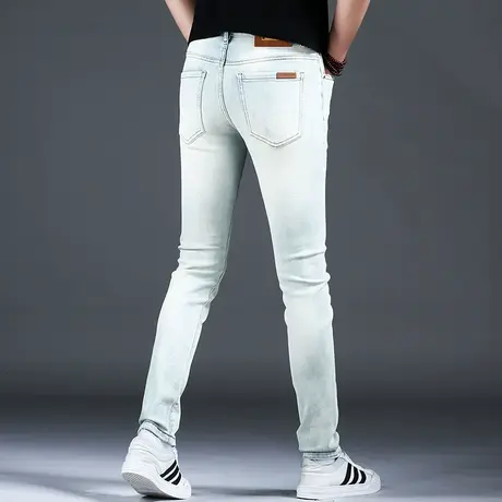男士弹力浅色高档牛仔裤男款小脚修身裤子潮流男2023新款复古做旧图片