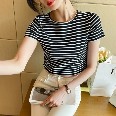 高腰露脐短袖女2023夏季漏肚脐紧身显瘦短款上衣百搭黑白条纹t恤商品大图